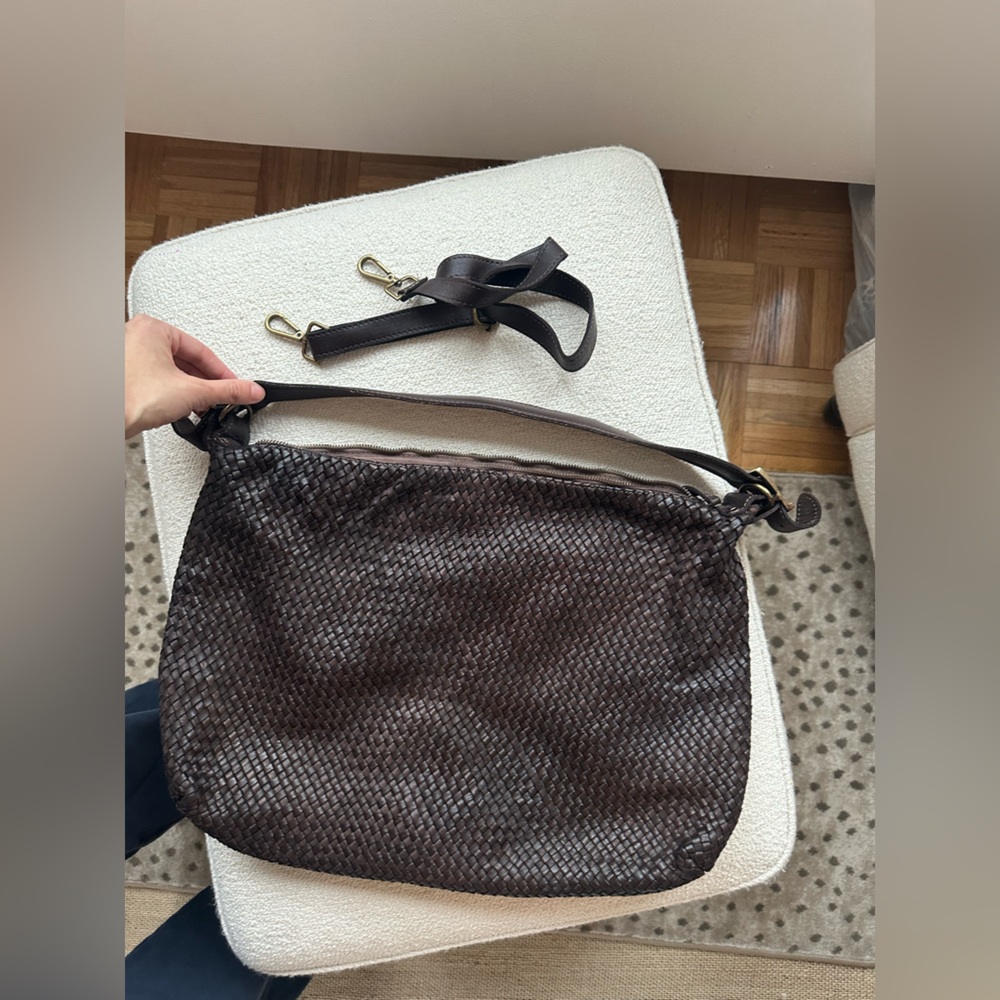 Elegant Brown Woven Leather shoulder hobo bag with removable long strap